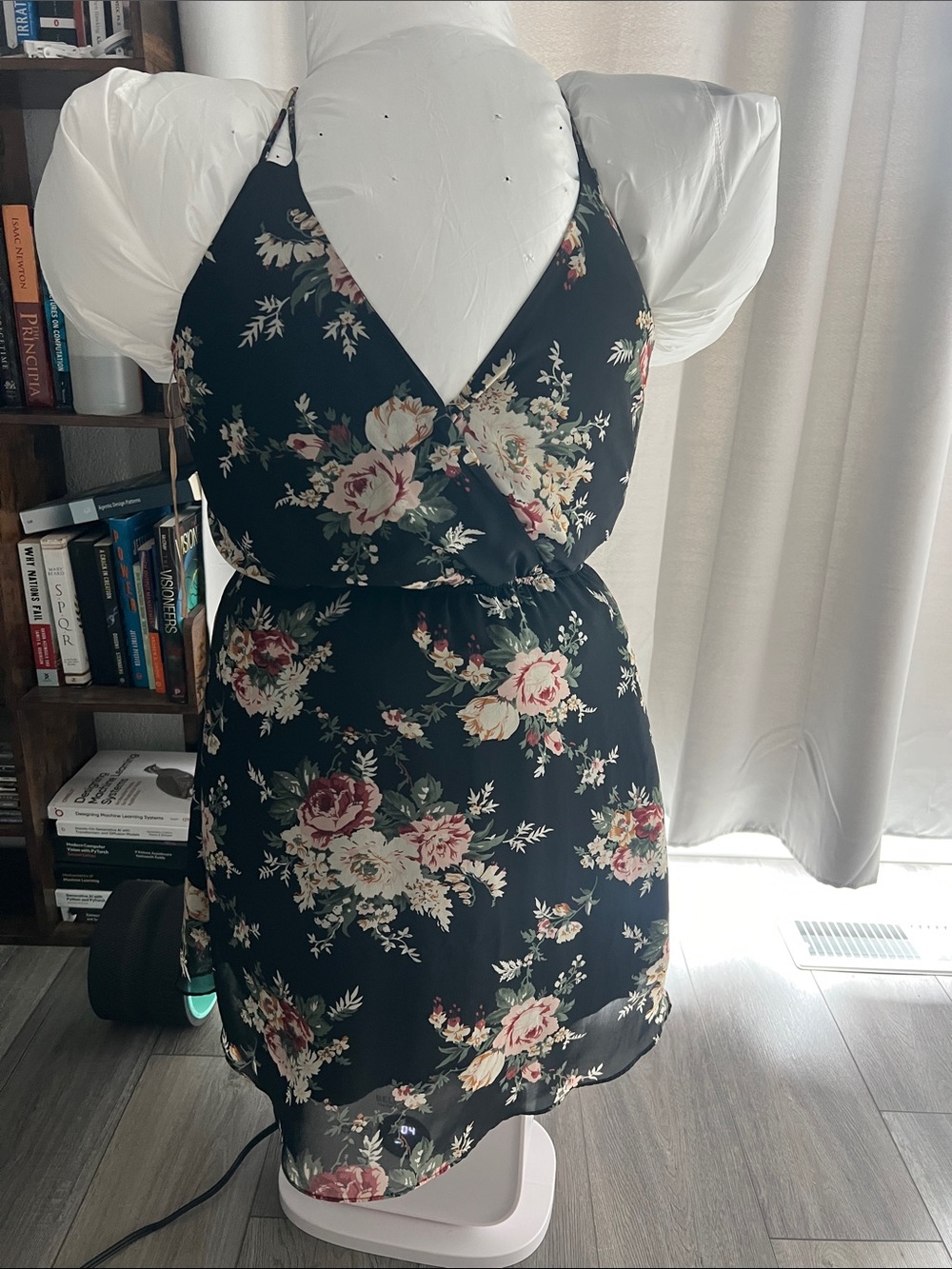 Final Touch Black Floral Midi Dress with V-Neck and Double Spaghetti Straps